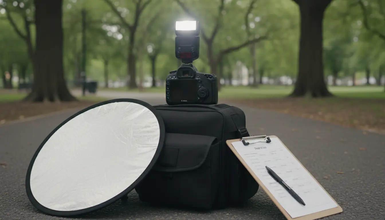 Pre-wedding photoshoot equipment in Brooklyn showing camera on tripod and reflector in Prospect Park