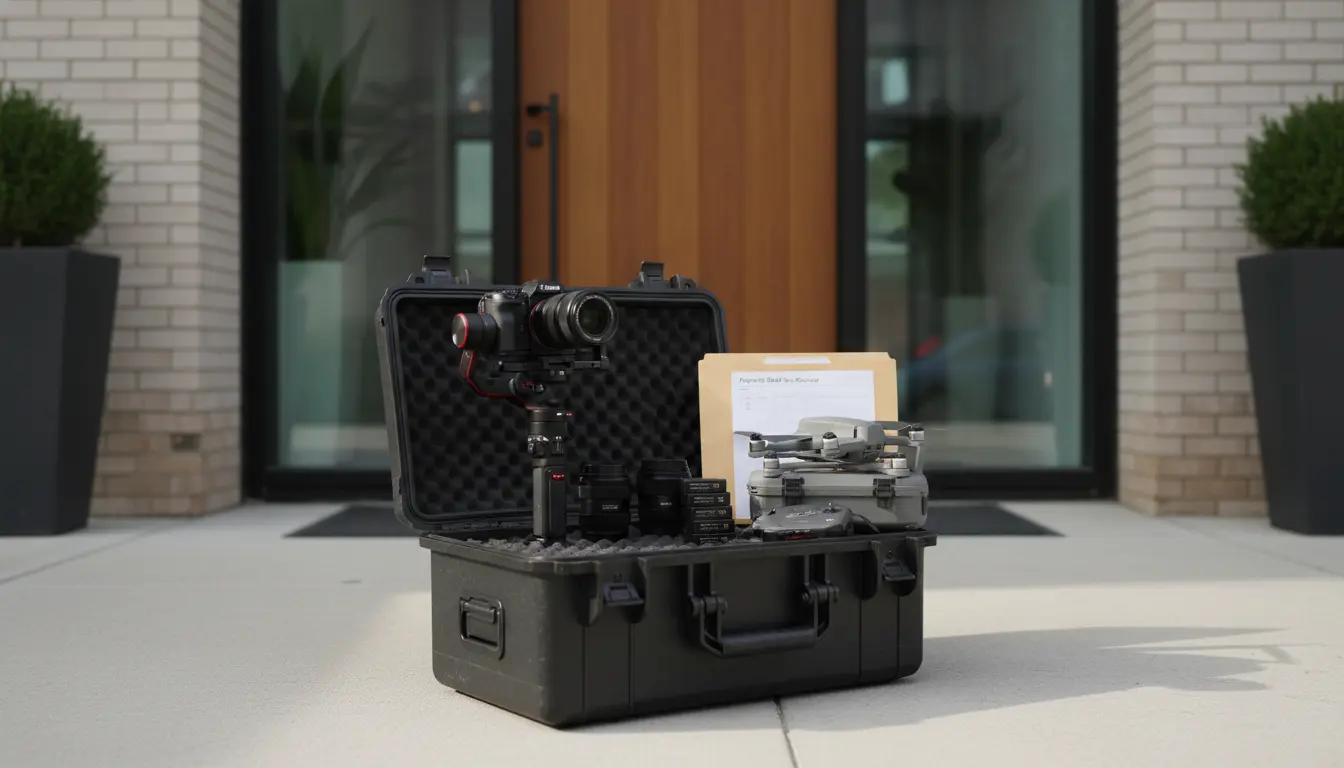 Real estate videography Brooklyn — camera gimbal and drone kit laid out for a property shoot