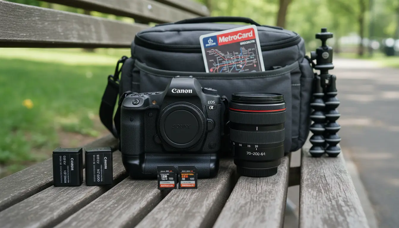 elopement photography Brooklyn camera kit lenses batteries memory cards on bench