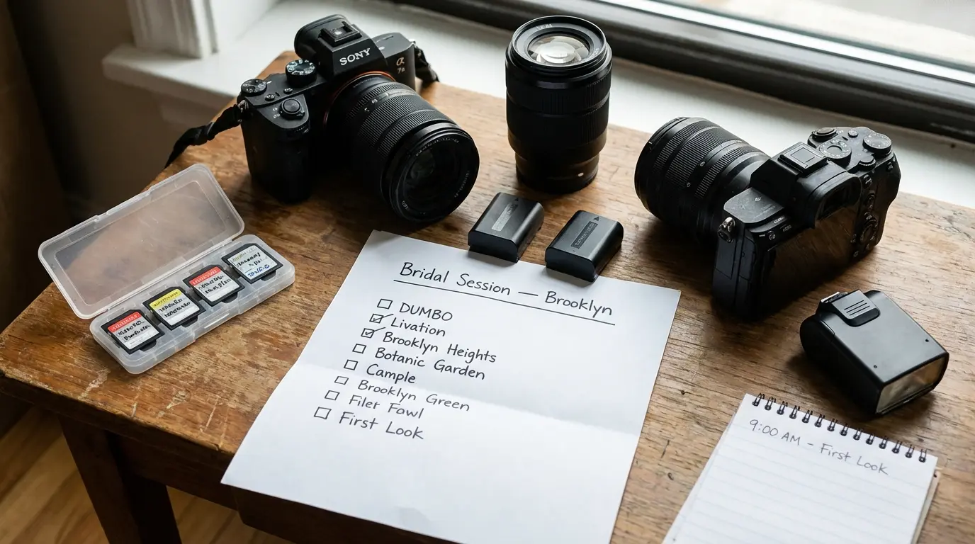 bridal photography Brooklyn camera kit and printed bridal session shot list on table