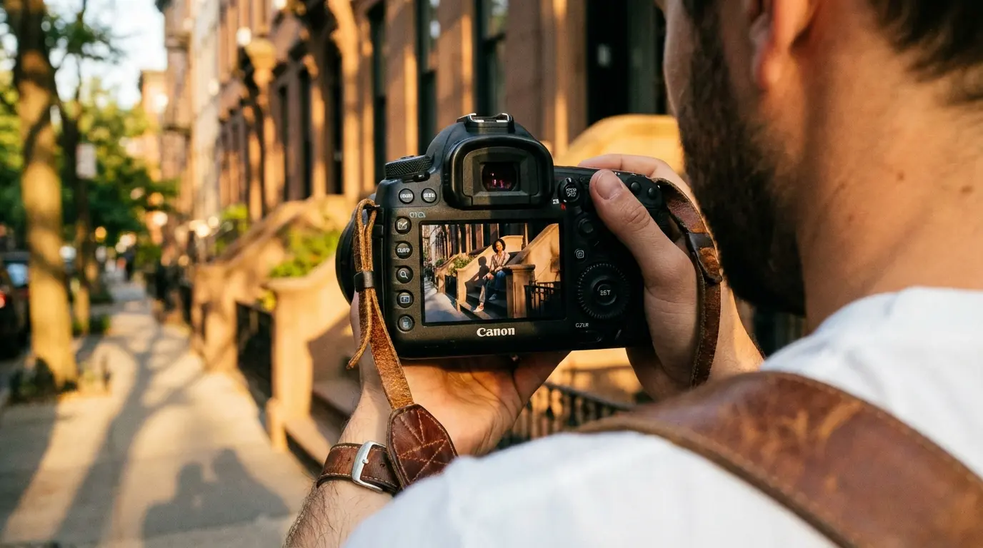 Wedding Photography Cobble Hill: camera rear LCD displaying a stoop portrait taken on Henry St in Cobble Hill under late-afternoon light.