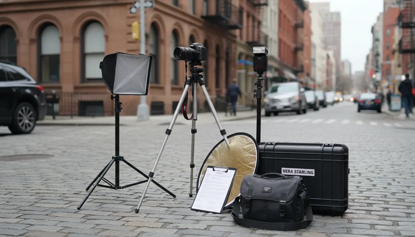 Senior portrait equipment Brooklyn — camera, lights, reflector set up on location