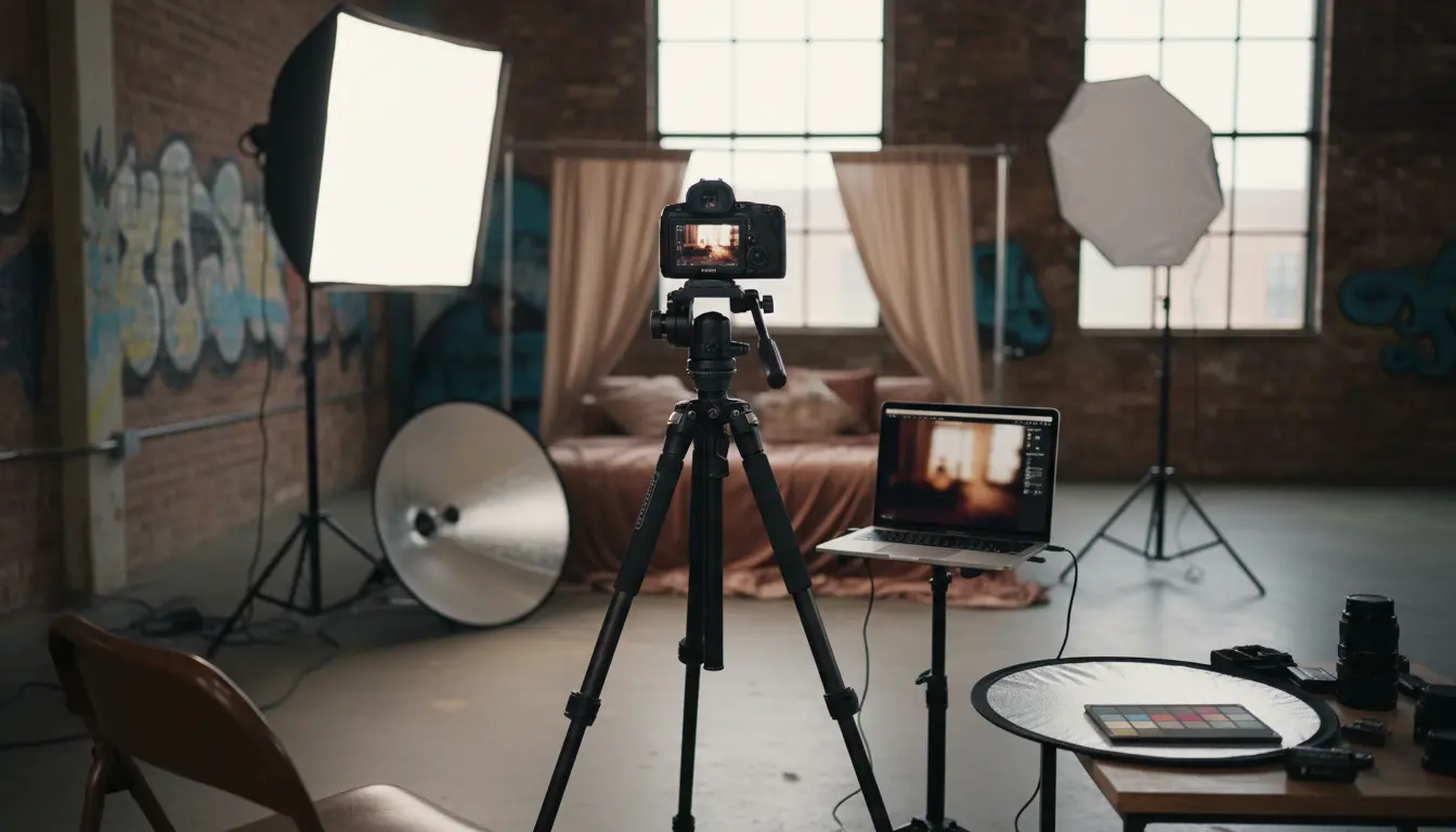 boudoir photography Brooklyn on-set camera, lighting, and tethered laptop preview