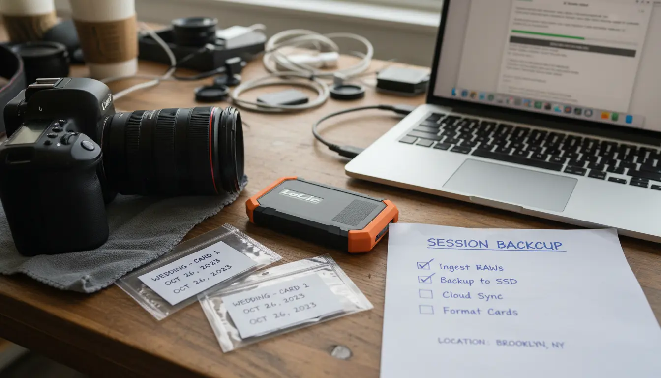portrait photography Brooklyn equipment and backup drive showing session backup workflow
