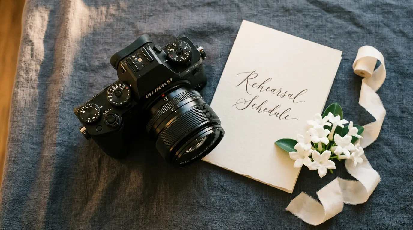Overhead flat-lay of a mirrorless camera and handwritten rehearsal schedule card with white stephanotis flowers on linen — wedding rehearsal photography in Brooklyn