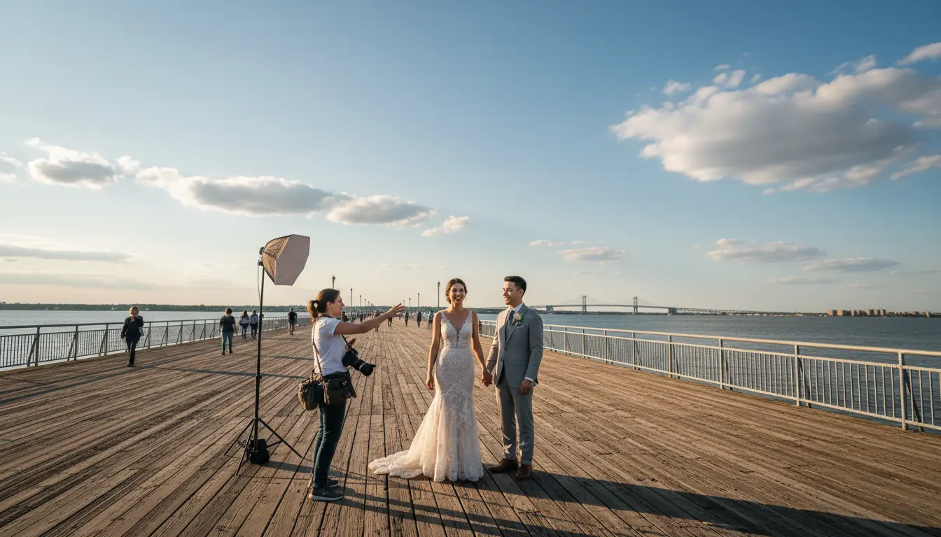 Wedding Photography Canarsie - photographer and couple on Canarsie Pier waterfront