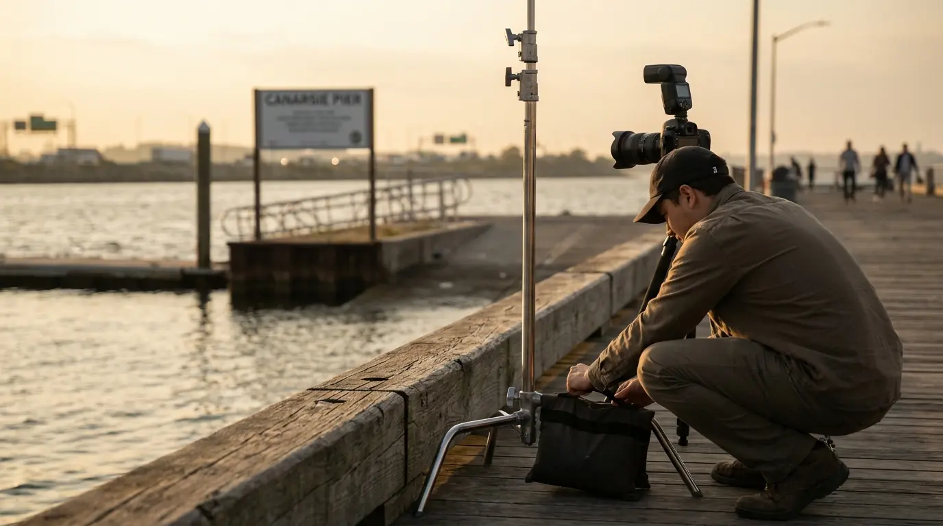 Wedding photographer Canarsie Brooklyn securing a light stand and camera on the pier railing