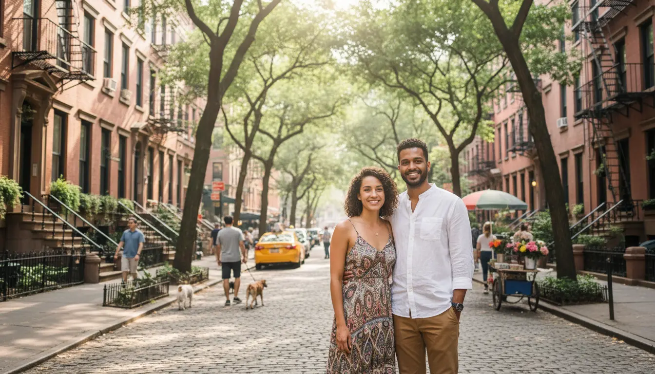 Wedding Photography in Prospect Heights: candid couple portrait on a brownstone street with tree-canopy filtered light