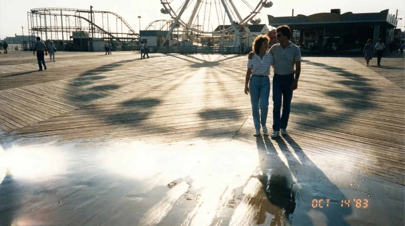 Wedding Photography Coney Island — example delivered image showing couple on boardwalk with ride shadows and seaside reflections.