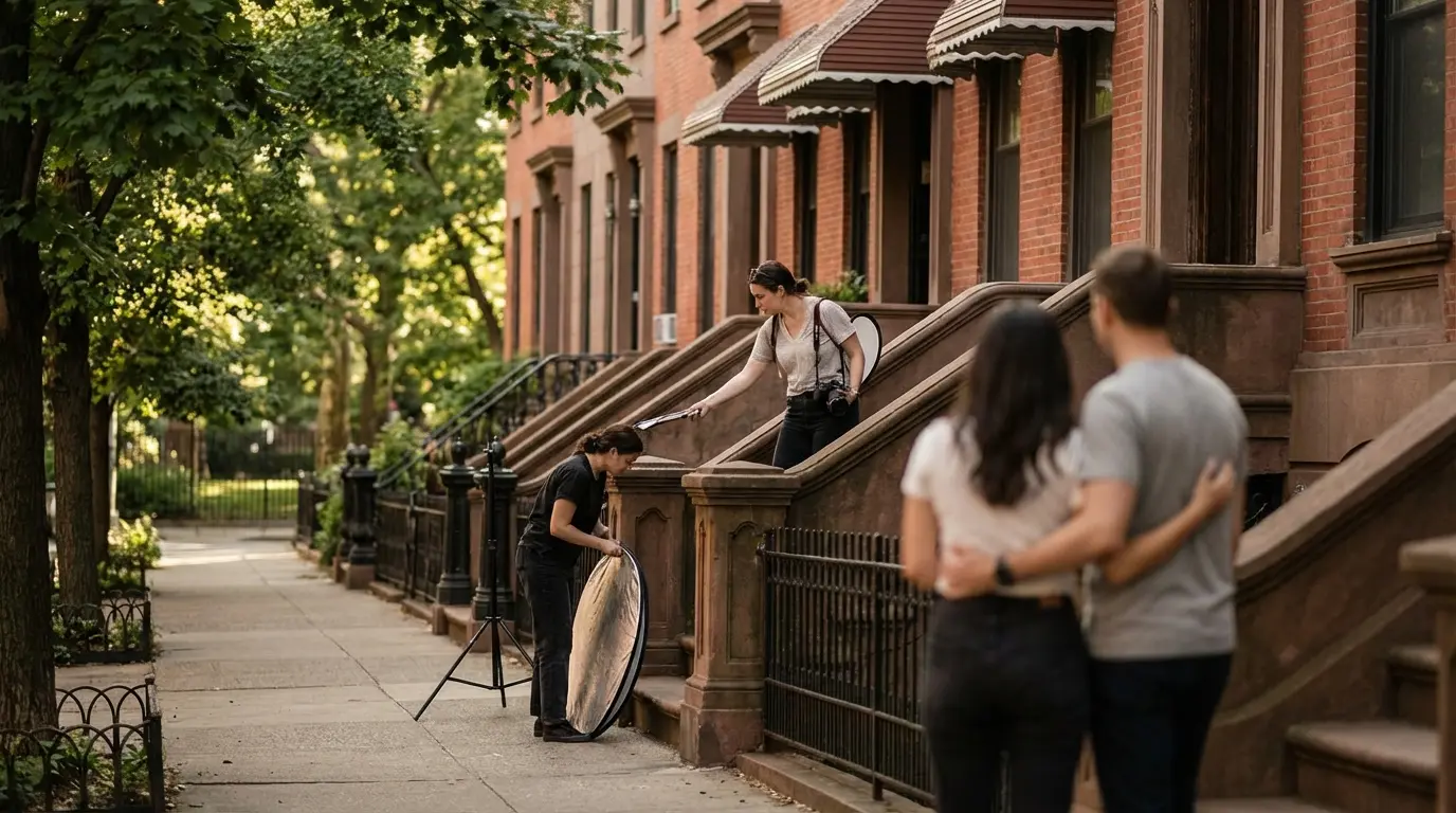 Wedding photographer in Carroll Gardens, Brooklyn staging a small-footprint portrait session on a brownstone sidewalk with camera and handheld reflector