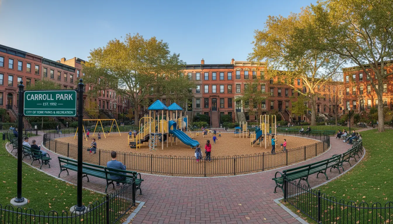 Wedding Photography Carroll Gardens: Carroll Park interior with playground and brick path