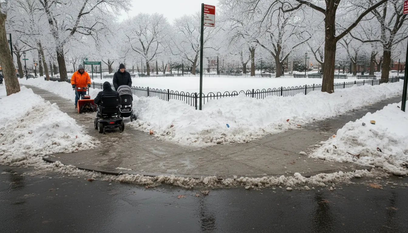 Wedding Photography Carroll Gardens: piled snow and slush at Carroll Park perimeter narrowing sidewalk