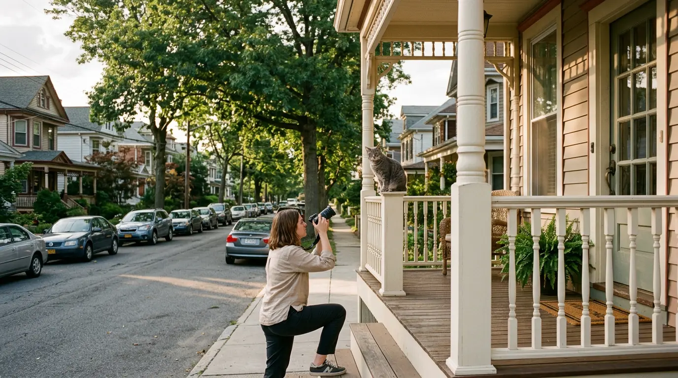 Cat photography session on residential porch in Midwood Brooklyn