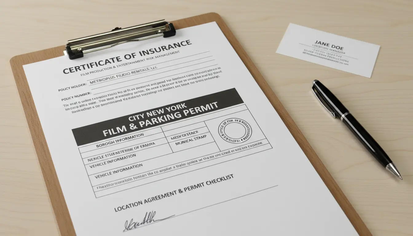 Commercial video production Brooklyn - certificate of insurance and Brooklyn filming permit on clipboard