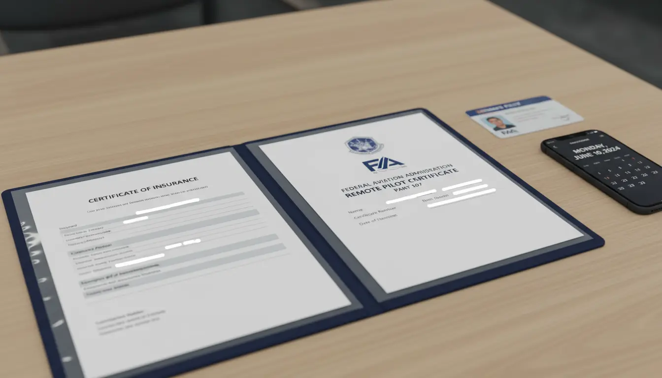 aerial wedding photography Brooklyn certificate of insurance and FAA Part 107 certificate on table