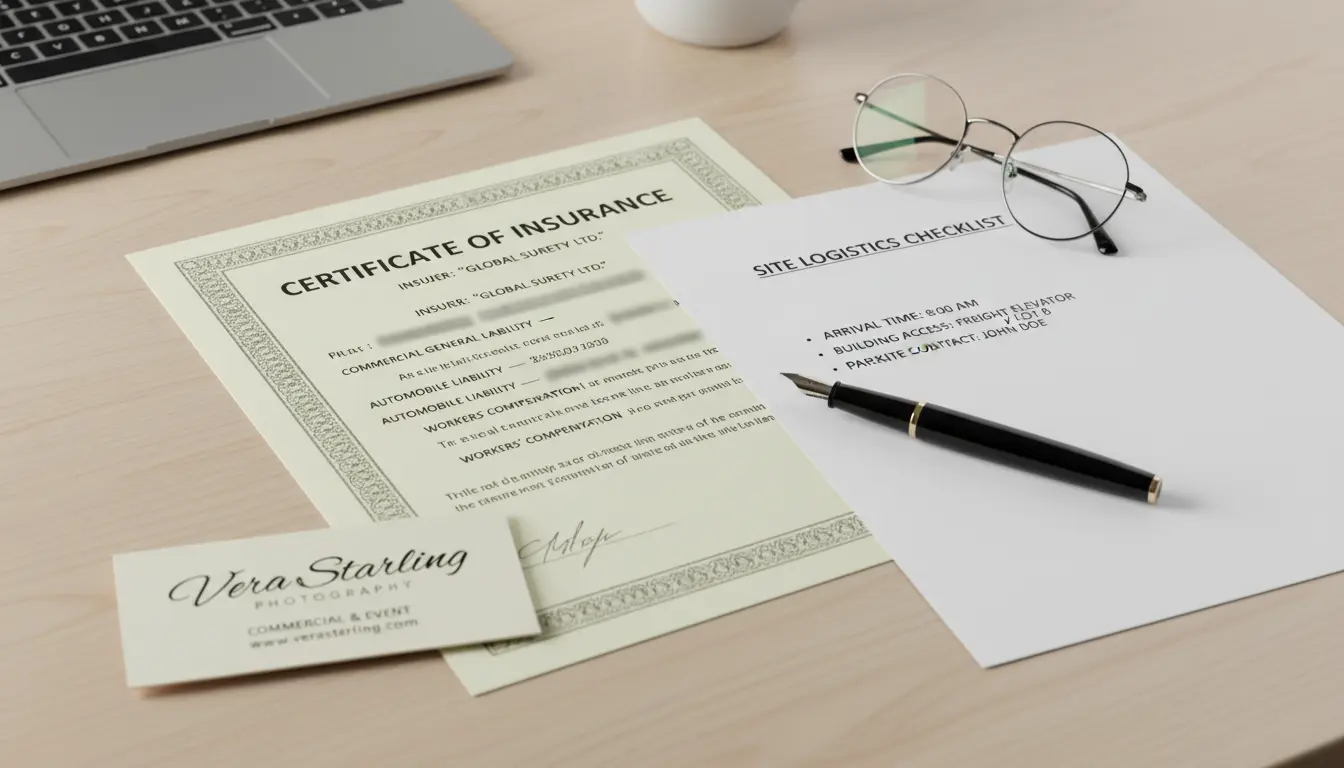 Certificate of insurance and on-site logistics packet for corporate photography in Brooklyn showing COI and checklist