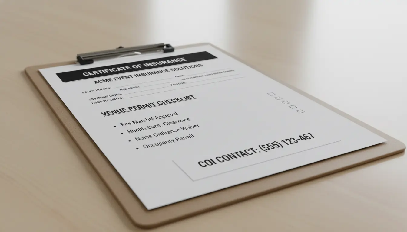 Wedding photo and video certificate of insurance and venue permit checklist in Brooklyn showing COI document and checklist