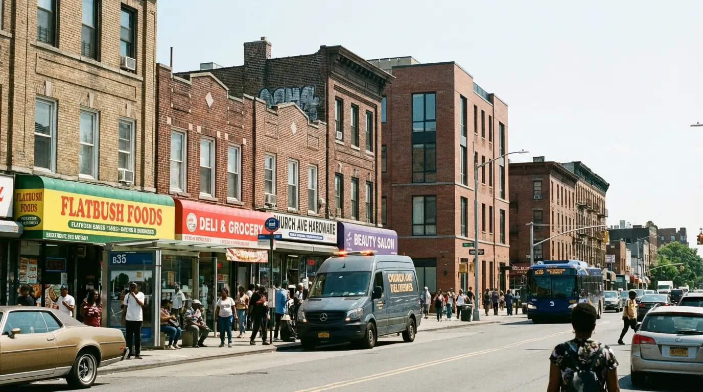 Wedding Photography Kensington — Church Ave commercial block with storefronts, bus stop, and double-parked delivery van