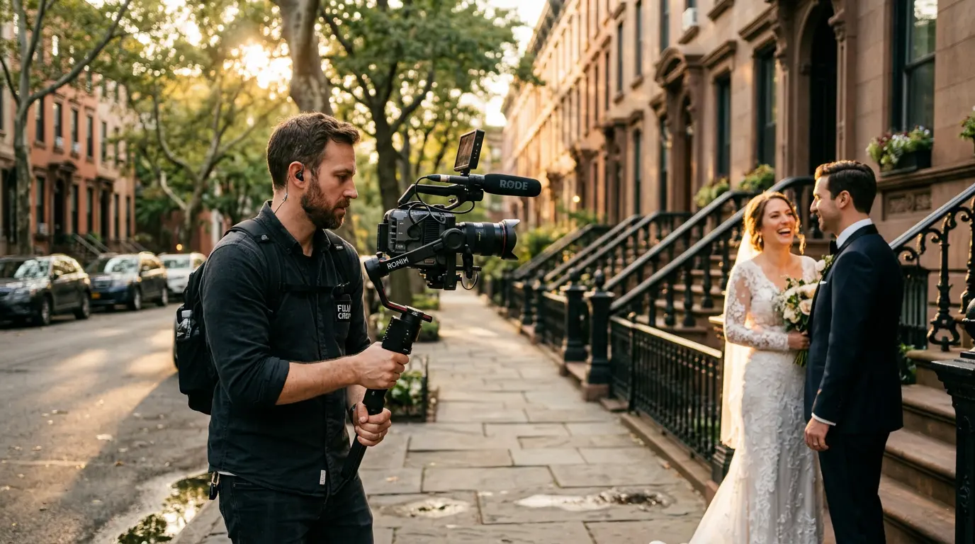 Cinematic wedding videographer Brooklyn operating gimbal camera filming couple outside brownstone Sheepshead Bay