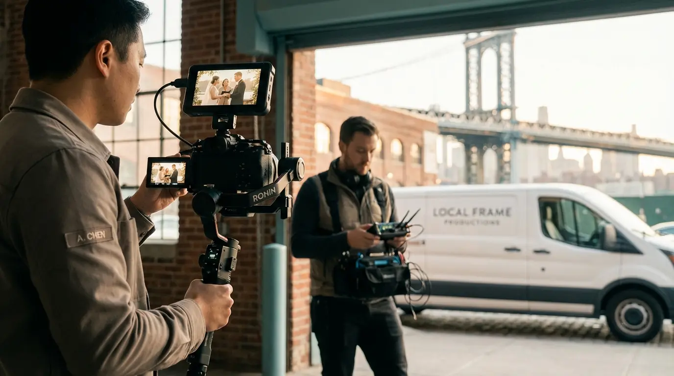 Cinematic wedding videographer Brooklyn filming vows with camera and visible lavalier microphone