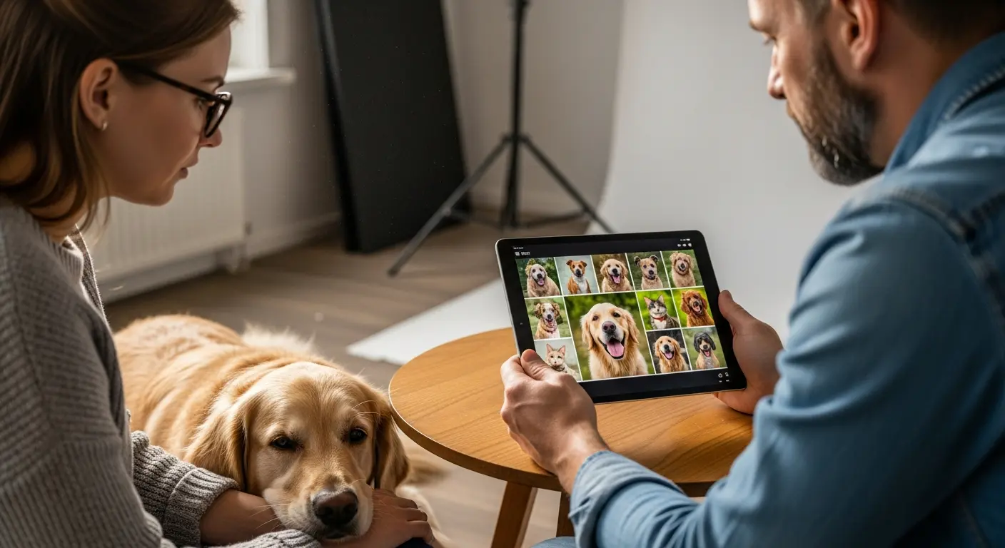 pet photography consultation Brooklyn photographer and client reviewing pet images on tablet