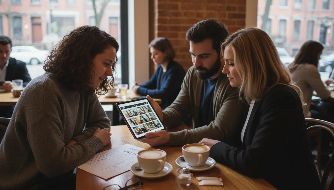 wedding photography consultation Brooklyn couple reviewing shot list on tablet