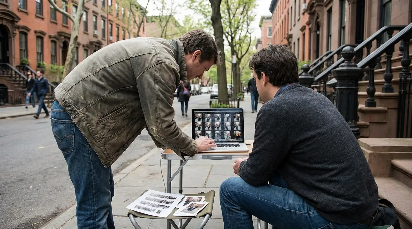 Wedding Photography Boerum Hill showing a photographer and couple reviewing images on a laptop in Boerum Park.