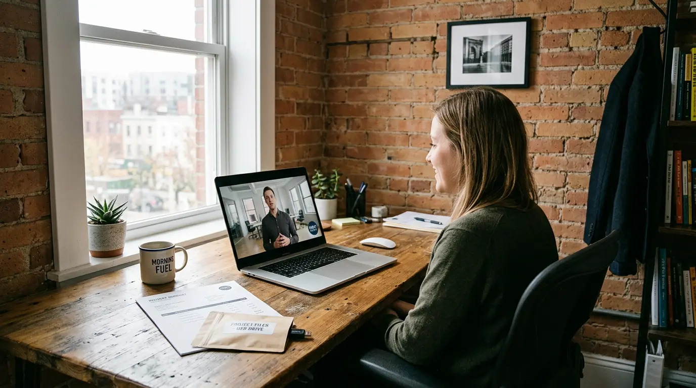 Client reviewing completed commercial brand video deliverable on laptop at Brooklyn Heights office desk