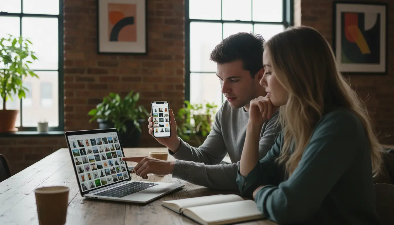 Event photography delivery in Brooklyn showing clients reviewing an online gallery on a laptop