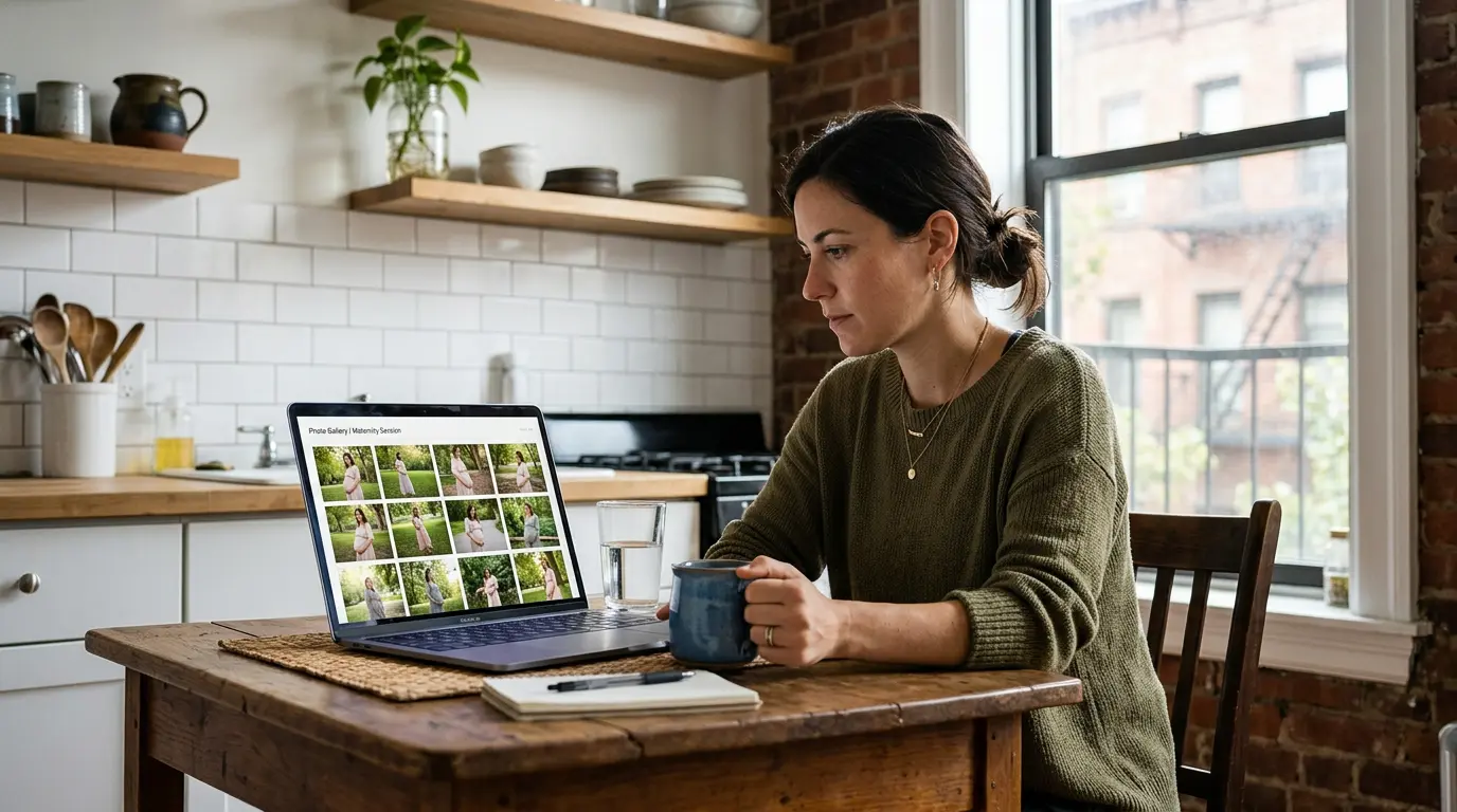 Client reviewing delivered maternity photography online gallery on laptop in Brooklyn apartment