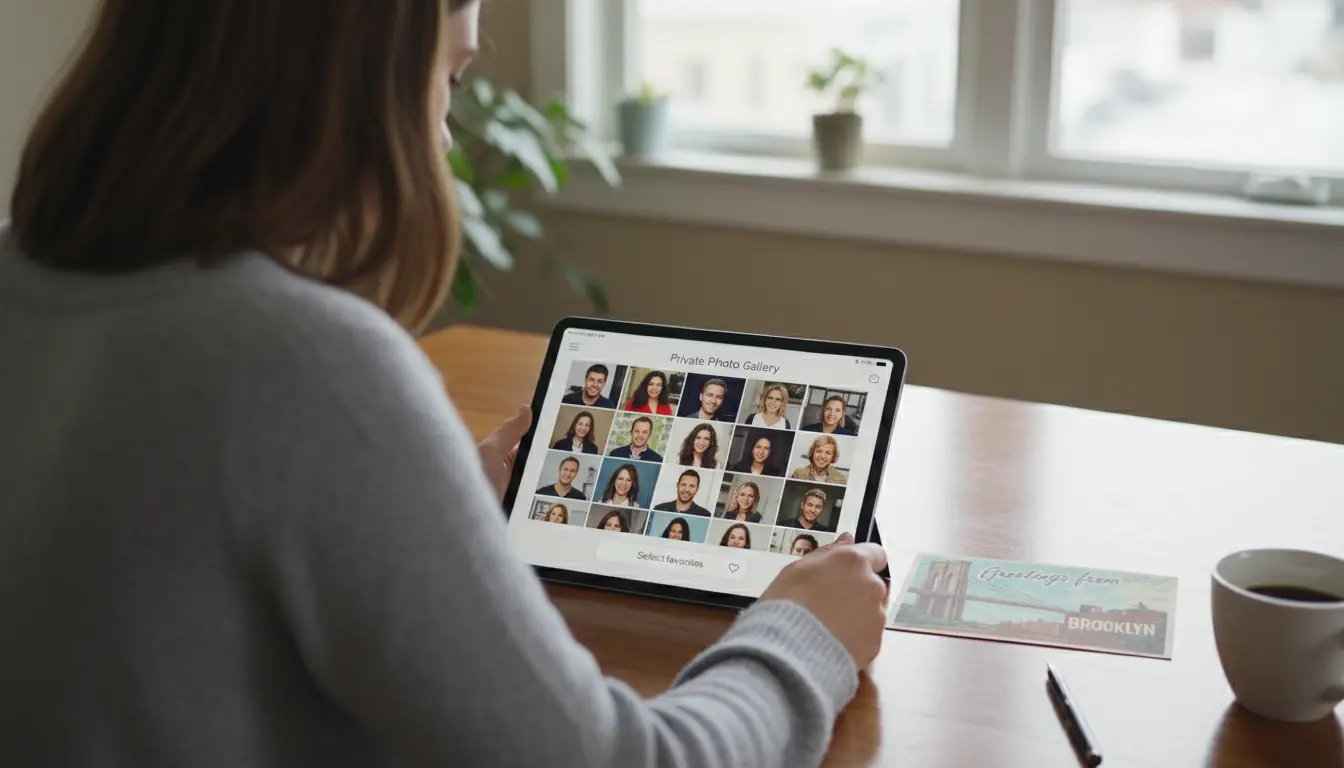 Portrait proof selection for Brooklyn portrait photography showing client reviewing gallery on tablet
