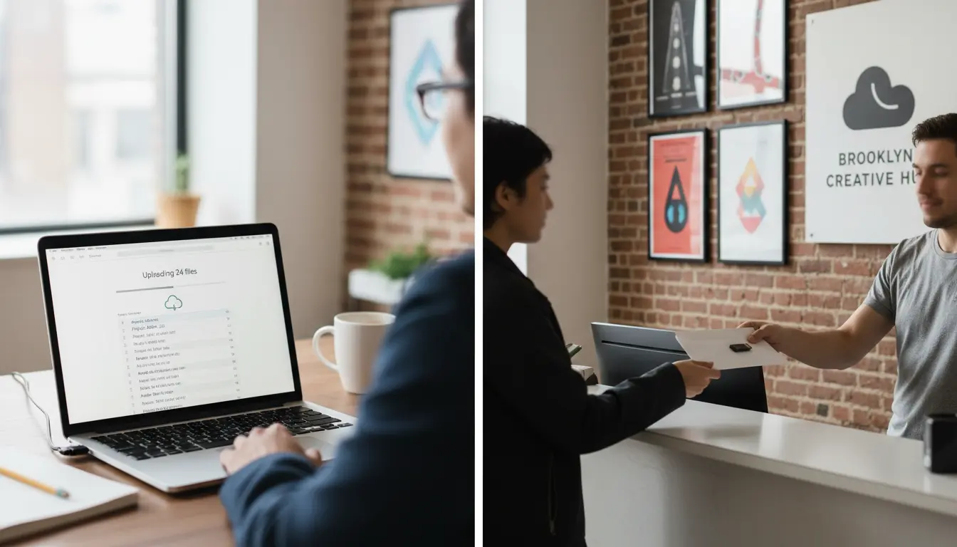 photo editing file upload interface and in-person USB handoff at Brooklyn studio