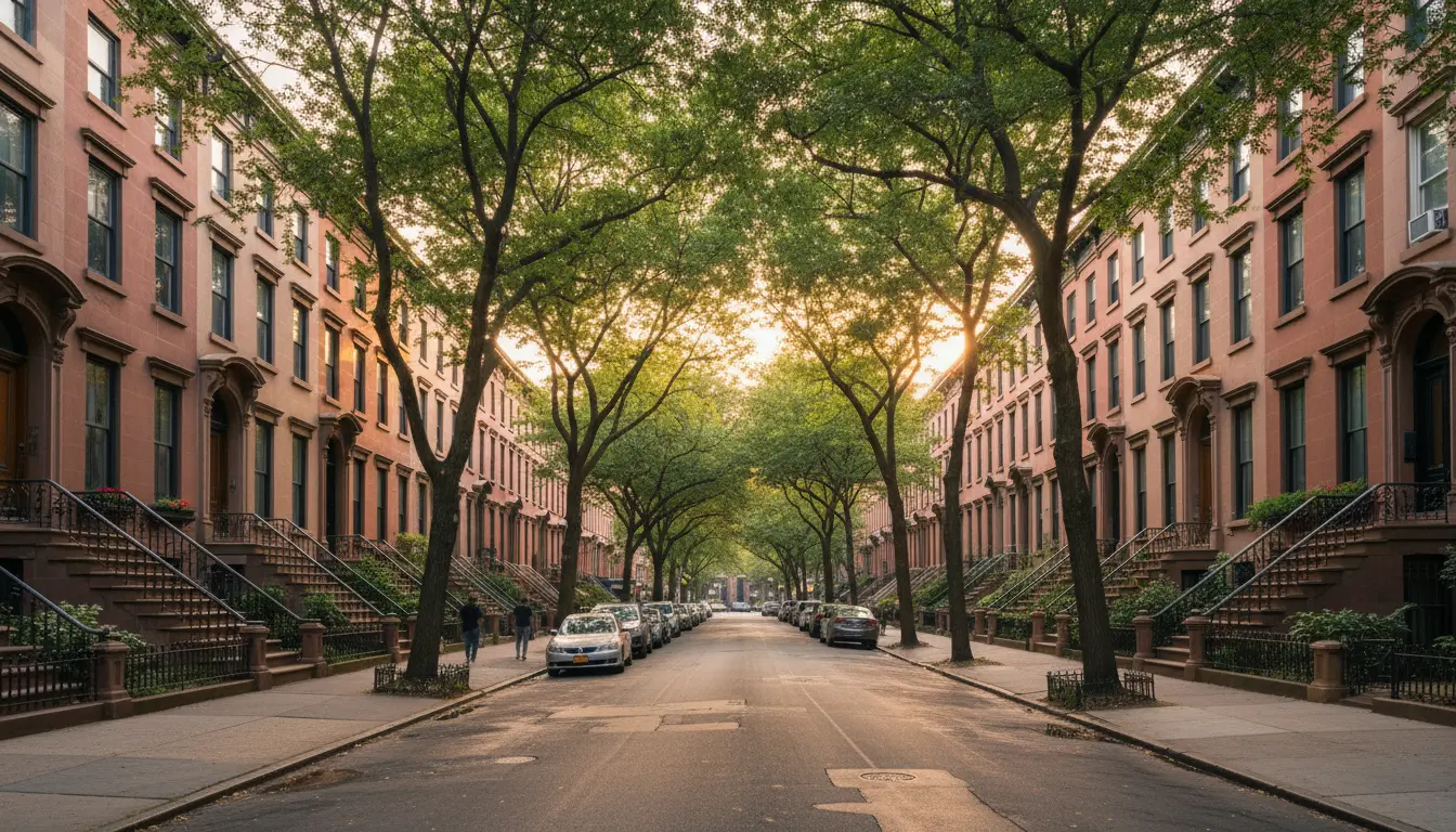 Wedding Photography Clinton Hill — Clinton Avenue brownstone row with tree canopy and sidewalk scale
