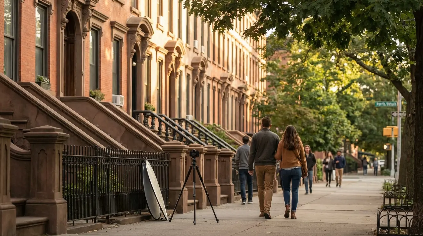 Wedding photographer setup on Clinton Hill, Brooklyn: tripod and couple walking on Clinton Avenue under tree canopy