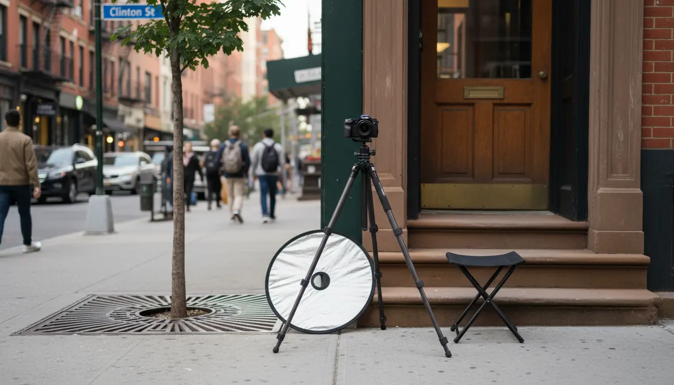 Wedding Photography Cobble Hill: photographer kit (tripod, reflector, stool) staged on Clinton St sidewalk near recessed stoop.