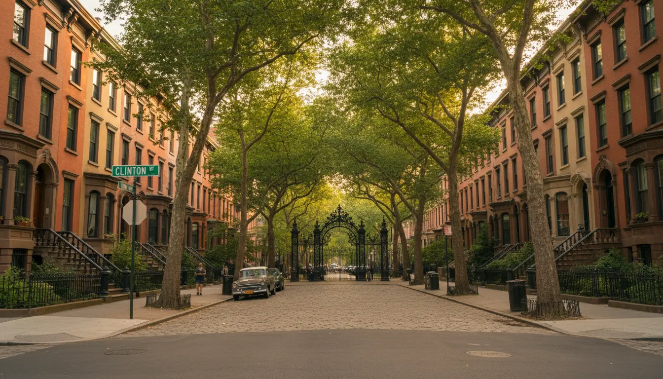 Wedding Photography Cobble Hill: Clinton St approach to Cobble Hill Park east gate with brownstones and street sign visible.