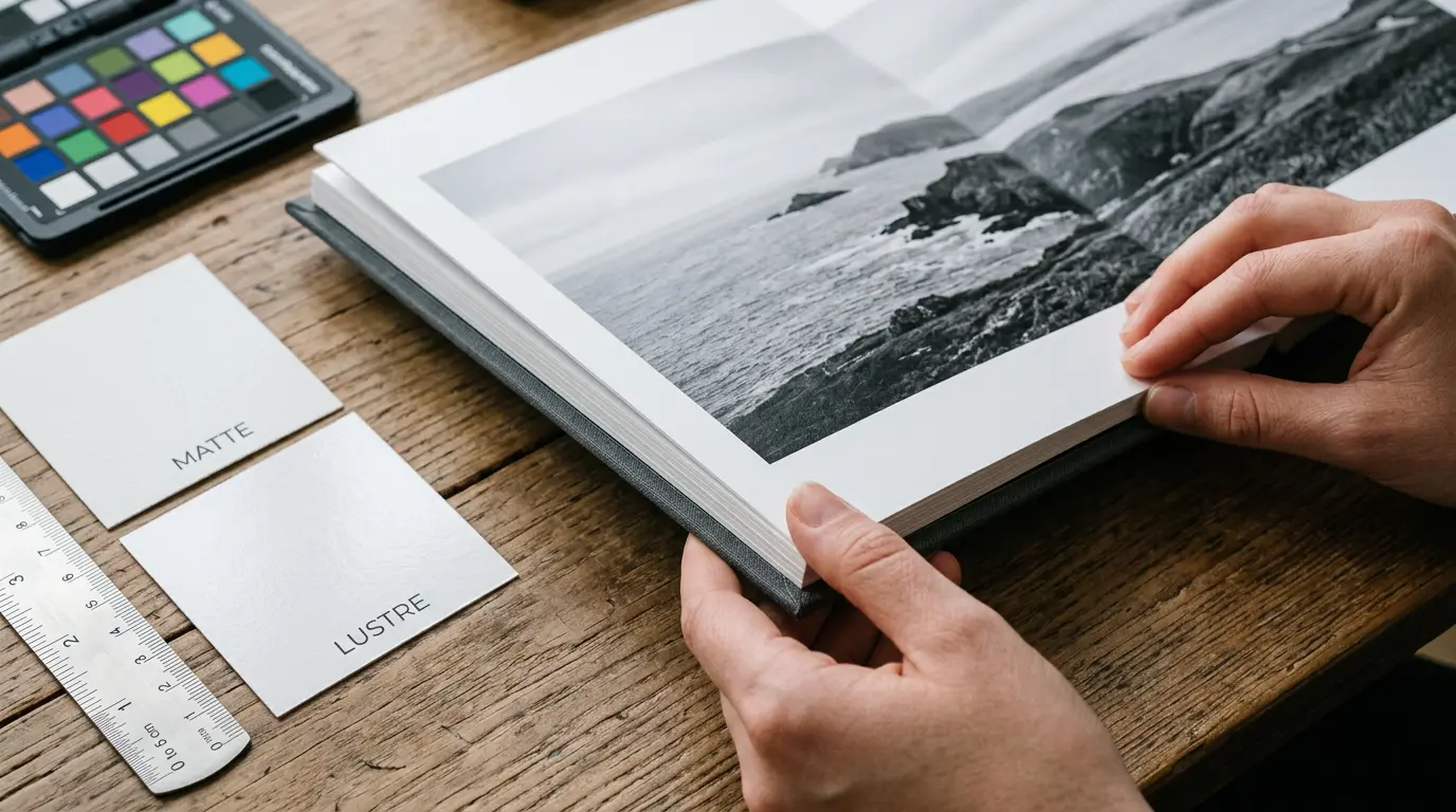 Album binding and archival paper sample close-up — Brooklyn wedding albums