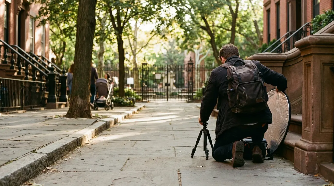 Wedding photographer in Cobble Hill (Brooklyn) preparing a compact tripod and reflector near a brownstone stoop and park gate