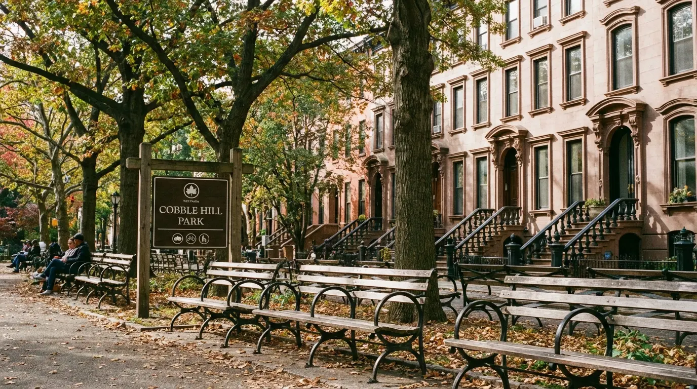 Wedding Photography Cobble Hill: Cobble Hill Park northwest bench line with park sign, trees, and adjacent brownstones.