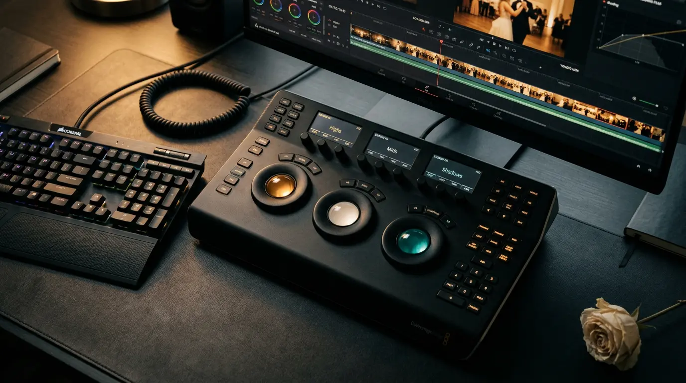 Close-up of color grading control surface and wedding film timeline on editing monitor for Brooklyn wedding videography post-production