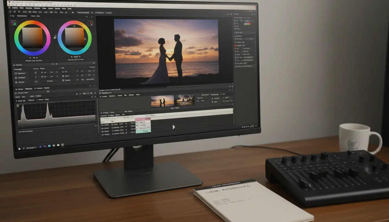 Wedding video color grading interface on monitor in Brooklyn studio