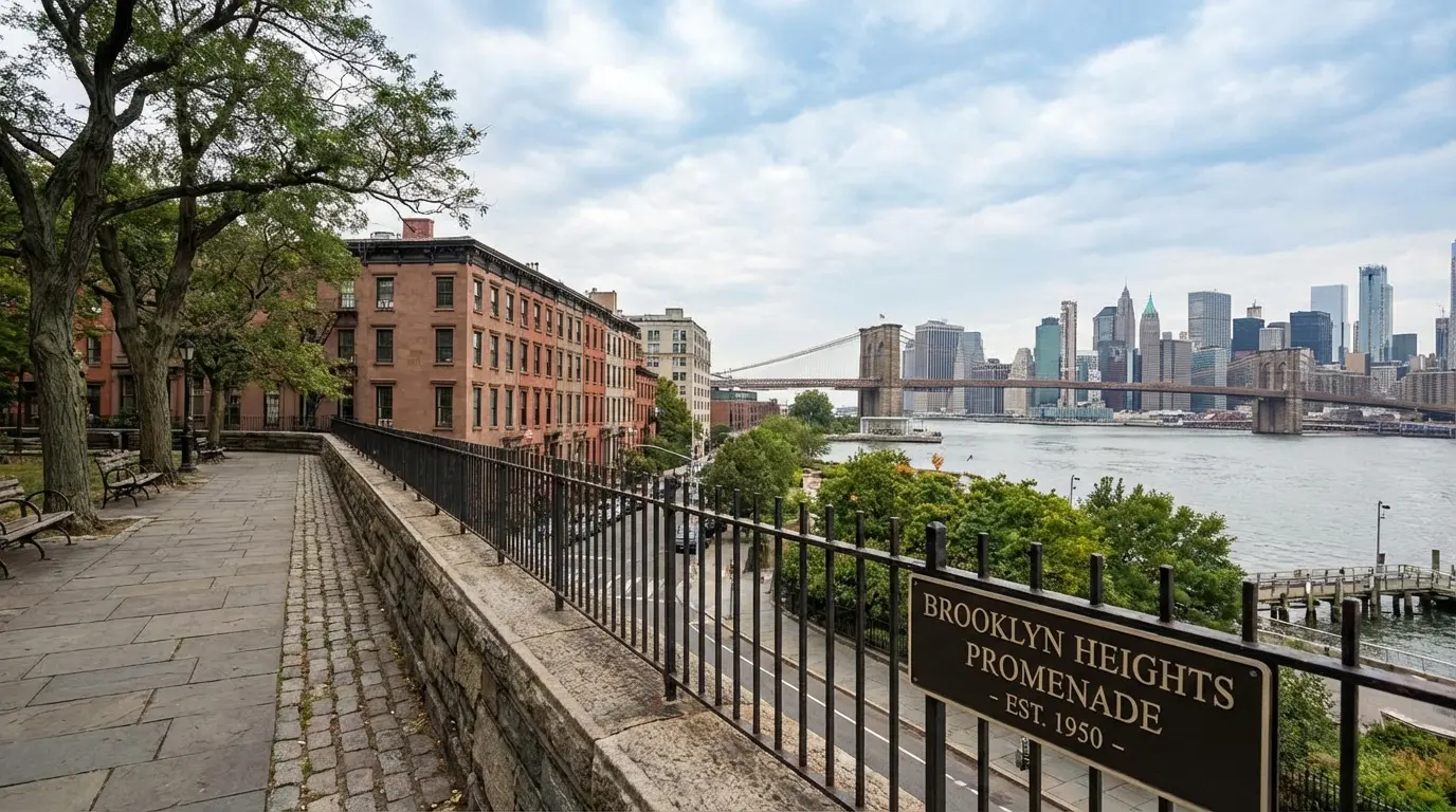 Wedding photography Brooklyn Heights: Columbia Heights overlook showing brownstone rows on the bluff, tree canopy and partial skyline with visible scaffolding on a building.