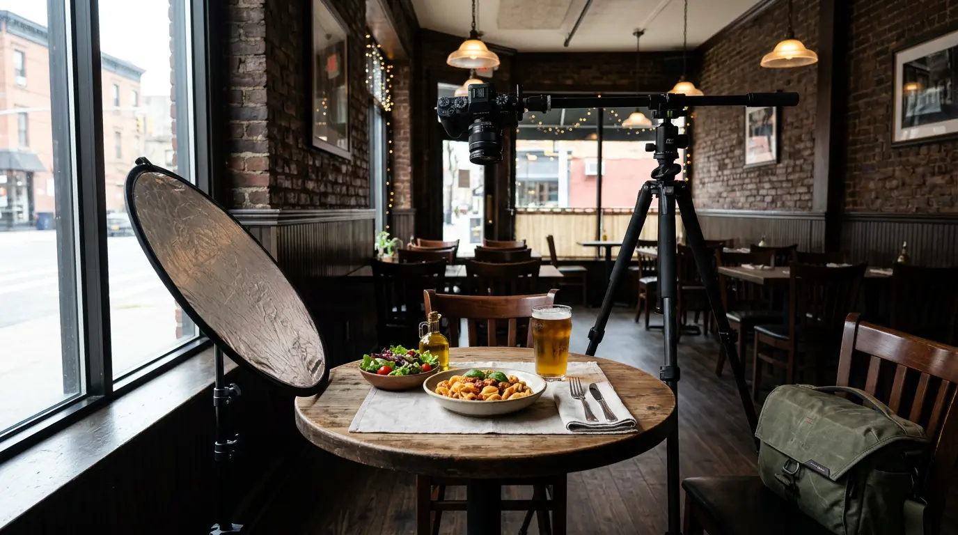 Commercial food photography on-location setup inside a Park Slope Brooklyn restaurant for menu and brand imagery