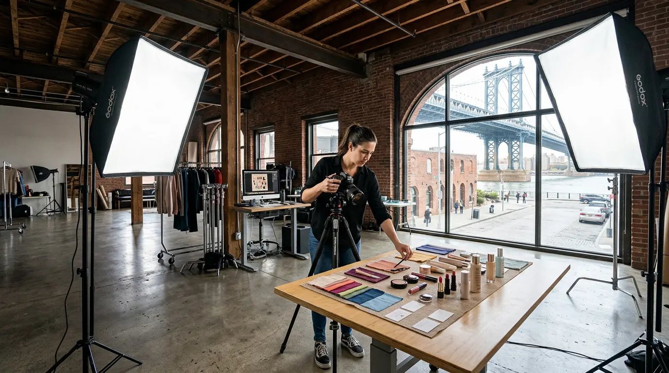 Commercial photographer setting up product shoot on Washington Street in DUMBO Brooklyn with Manhattan Bridge in background