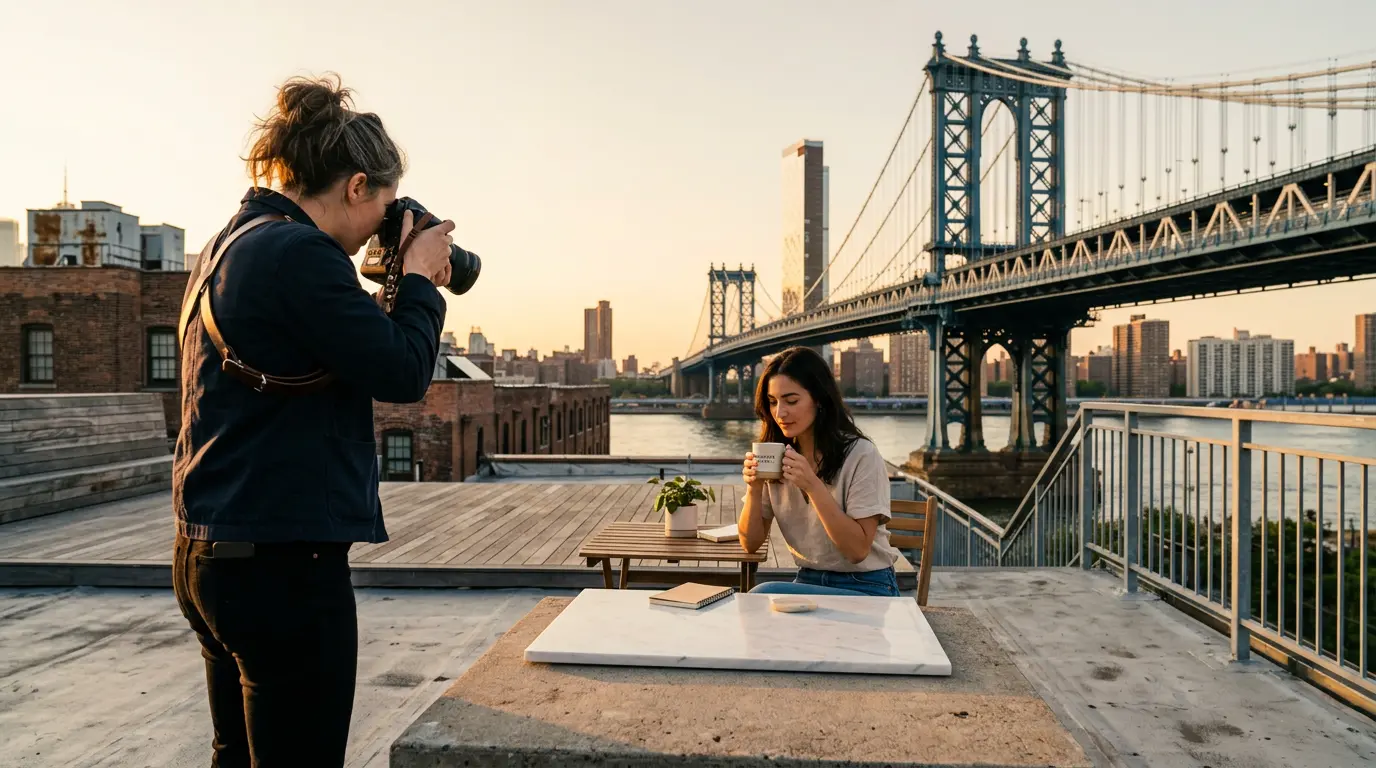 Commercial photographer shooting lifestyle brand session on DUMBO Brooklyn rooftop with Manhattan Bridge visible in background