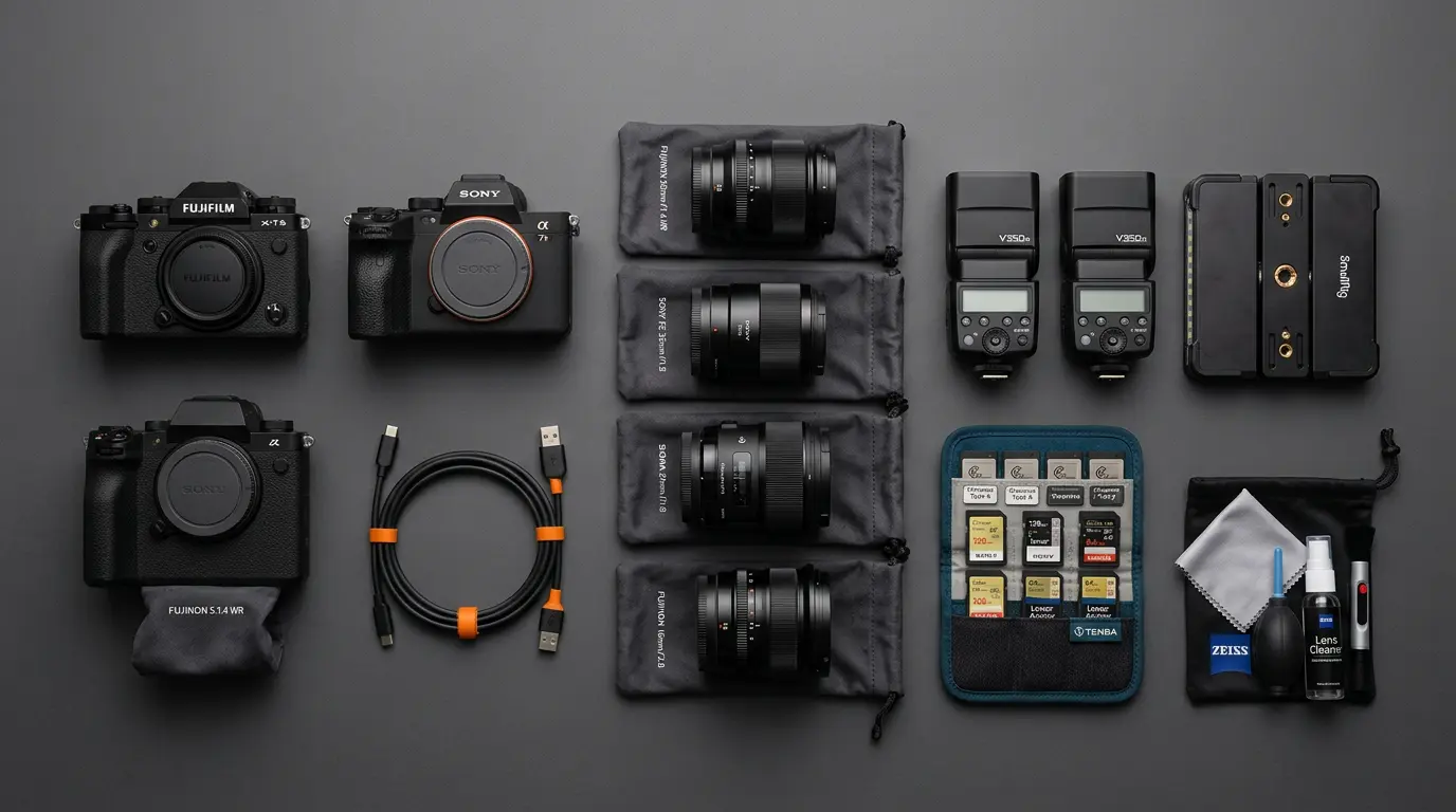 Commercial photography camera bodies, lenses, and backup equipment inventory used for Brooklyn shoots