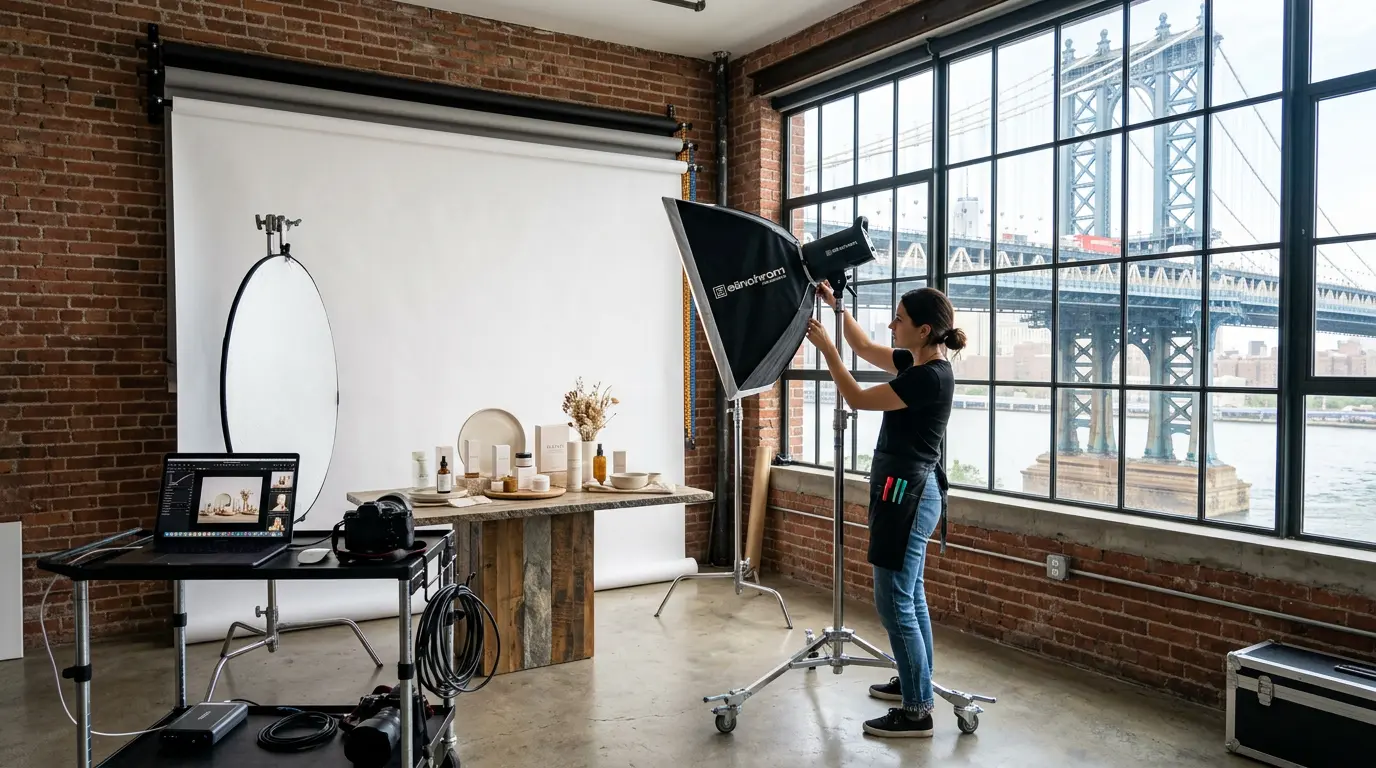 Commercial photography location setup on Washington Street in DUMBO Brooklyn with Manhattan Bridge in background