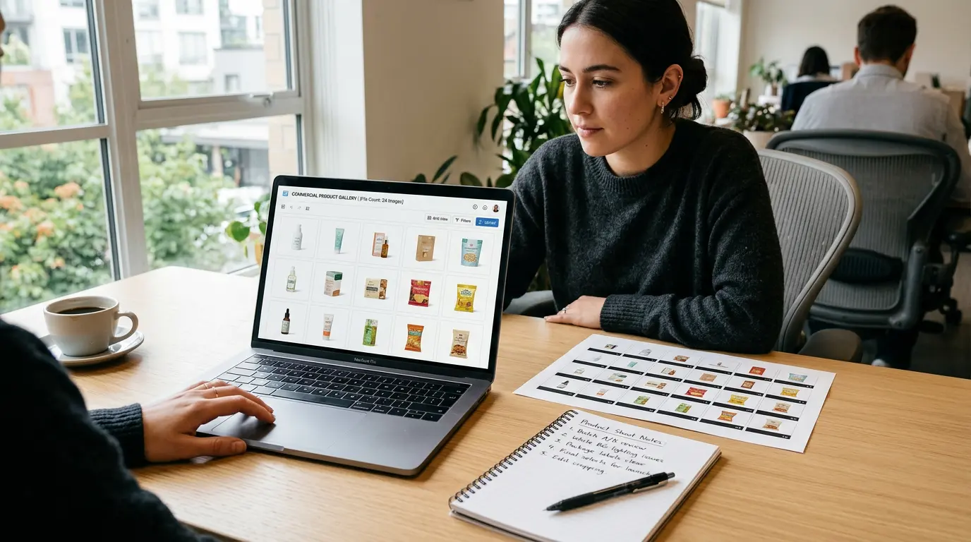 Client reviewing delivered commercial photography online gallery on laptop for Brooklyn product photography project