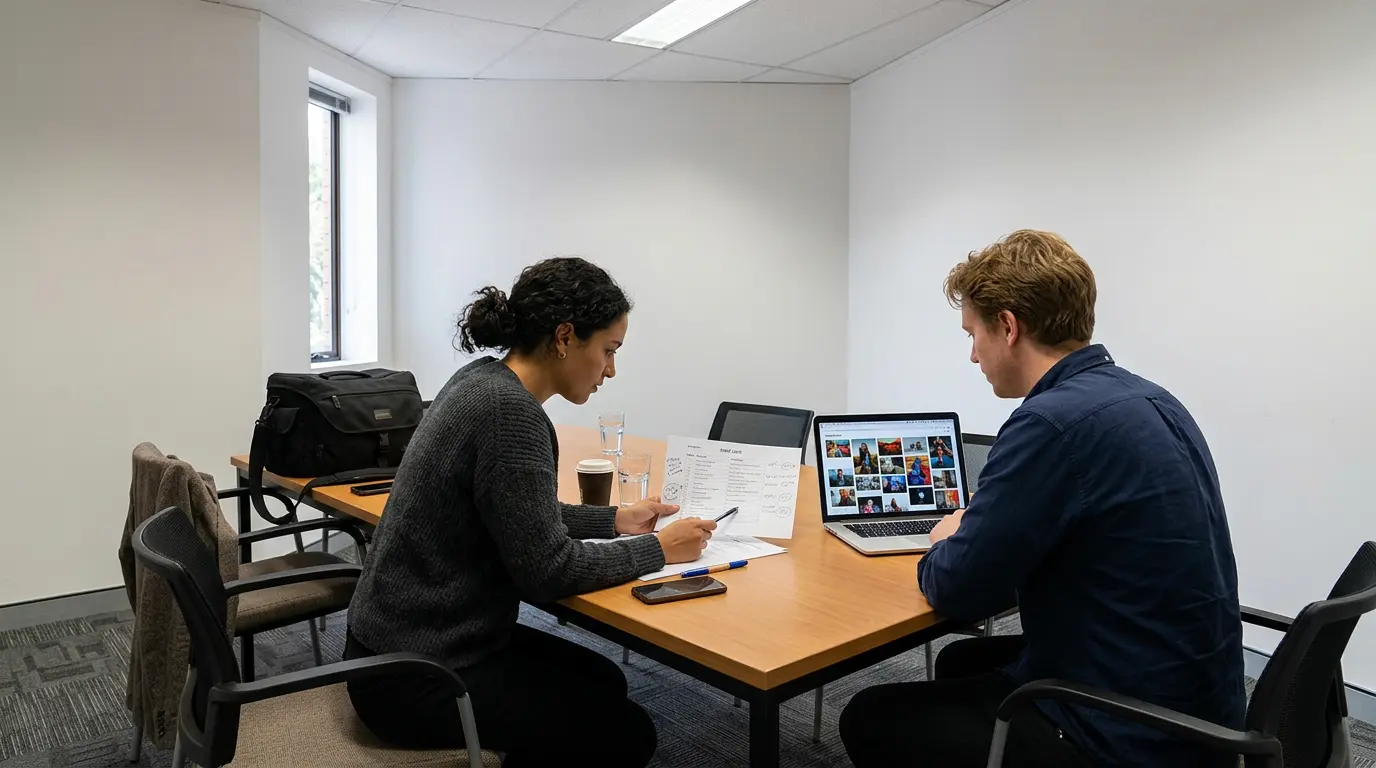 Commercial photography pre-shoot planning session with shot list and mood board review in Brooklyn