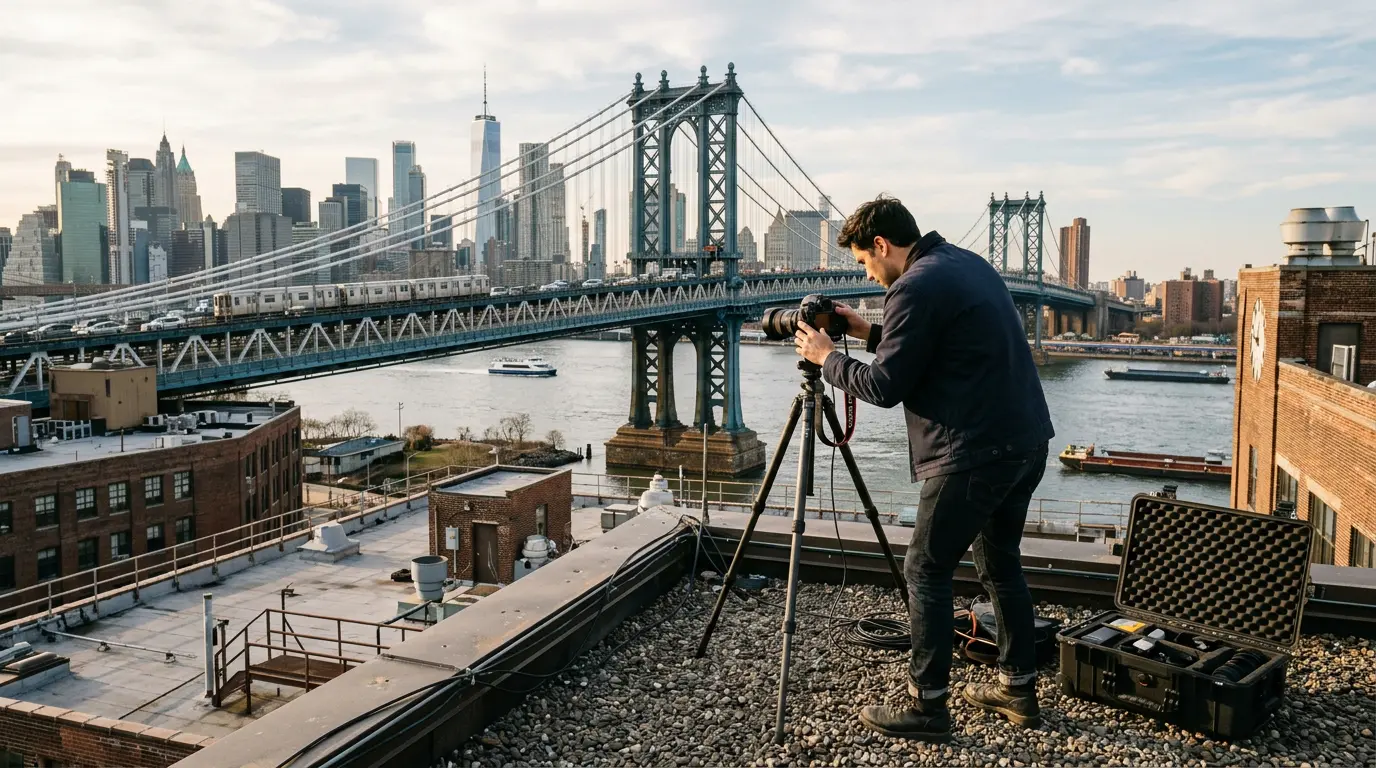 Commercial photographer on DUMBO Brooklyn rooftop with Manhattan Bridge in background
